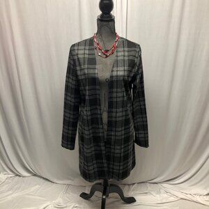 Plaid Open Front Long Sleeve Cardigan Womens Size Small Black Gray Layering NEW